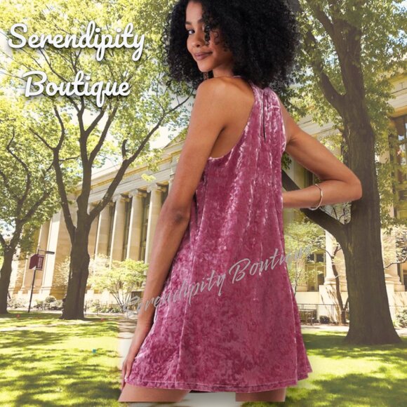 Petal Pink Flowy Strappy Stretchy Babydoll High Neck Halter Mini Swing Dress - Picture 2 of 7